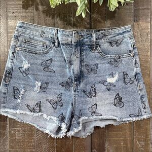 GUESS Butterfly Print Denim Mom Shorts Light Wash Blue Size 30